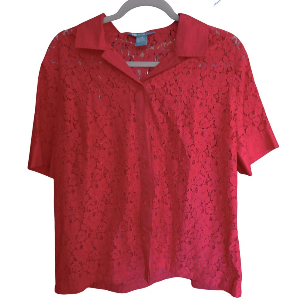 Vintage 90s Y2K Koret Fuchsia Red Lace Button Down Top Collared Sheer Medium